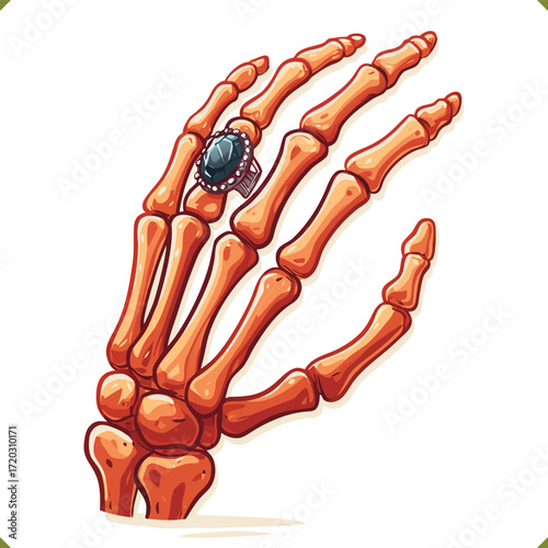 Vector illustration of human skeleton hand with gemstone ring, isolated on a white background