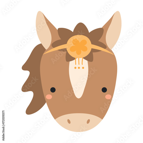 Cute horse girl face, traditional Korean headdress character isolated. Hand drawn cartoon vector illustration. 2026 Chinese zodiac sign. Flat design. Seollal holiday card, poster, banner element