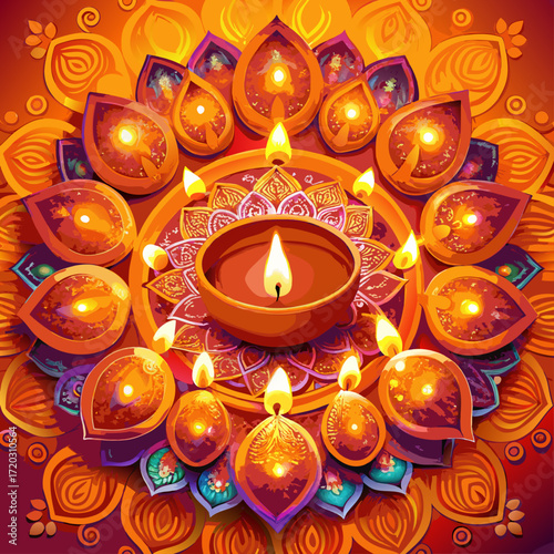 Vibrant Diwali Celebration A Mandala of Lit Diyas Illuminating a Festive Orange Backdrop	
