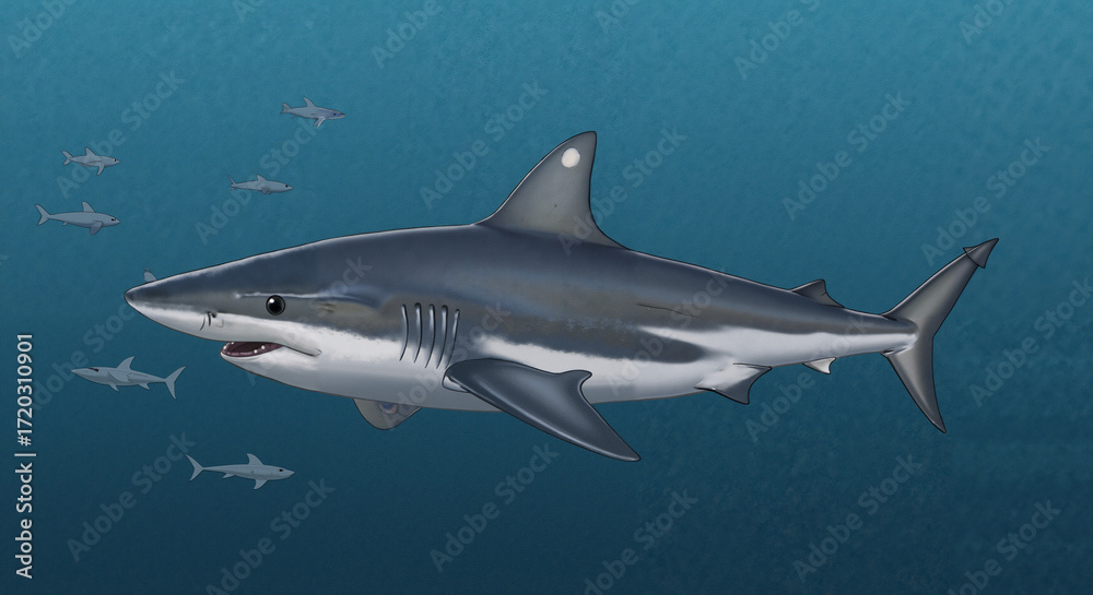 Naklejka premium Blacktip shark swimming in the ocean with a blue background 