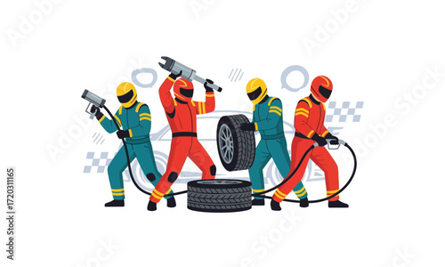 Dynamic Pit Crew Team Changing Race Car Tires with Tools, Flat Illustration Style.