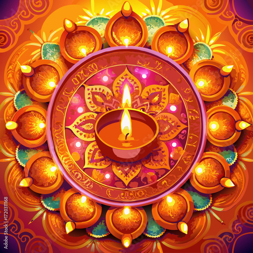 Vibrant Diwali Celebration A Mandala of Lit Diyas Illuminating a Festive Orange Backdrop	
