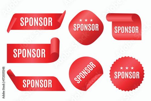 Collection of red sponsor stickers with vibrant colors and classic fonts