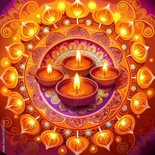 Vibrant Diwali Celebration A Mandala of Lit Diyas Illuminating a Festive Orange Backdrop	
