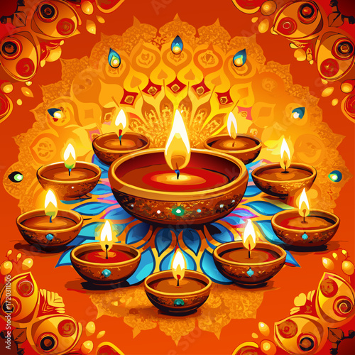 Vibrant Diwali Celebration A Mandala of Lit Diyas Illuminating a Festive Orange Backdrop	
