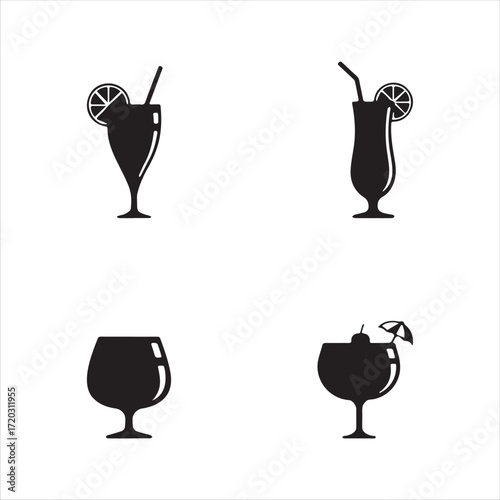 Set of black and white icons of different cold drinks with straw and ice in cups and glasses