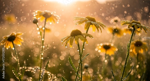 Delicate yellow flowers bathed in sunlight and raindrops, showcasing a beautiful natural scene.