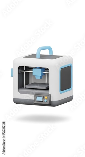 A modern 3D printer icon, rendered in light gray, white, and light blue tones, showcases a compact, cube-shaped design with a handle on the top.
