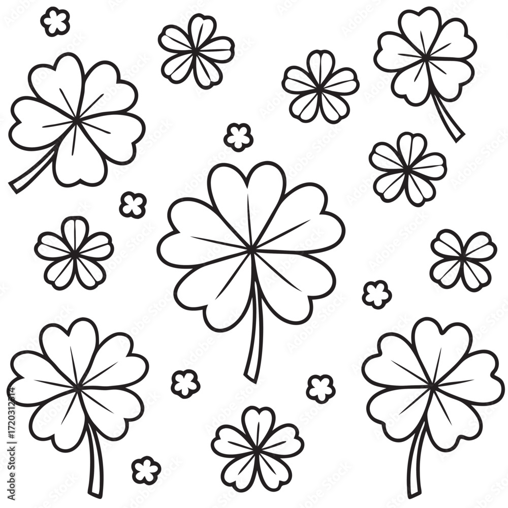 Obraz premium Floral pattern with four leaf clovers and small blossom drawings