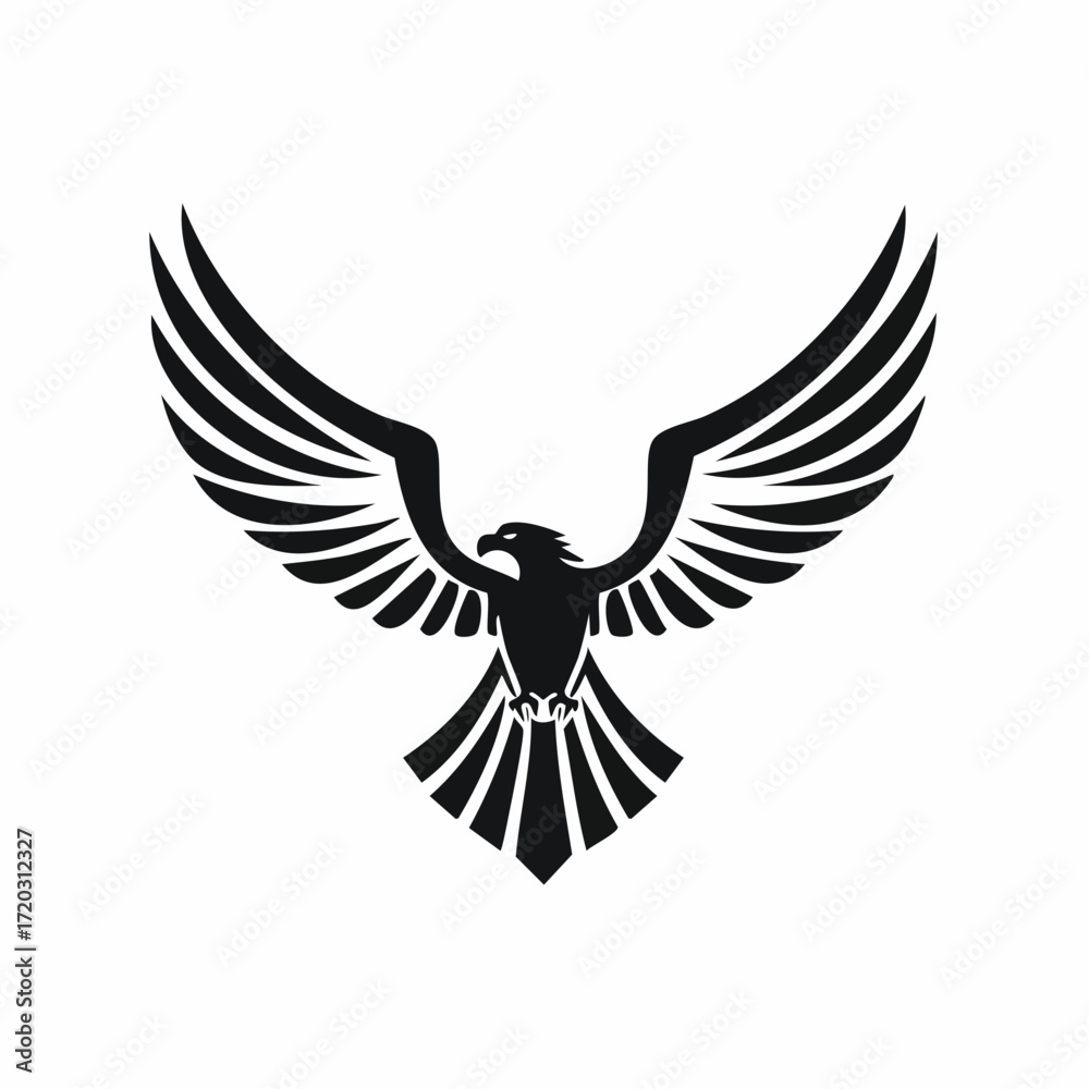 Fototapeta premium Eagle logo, silhouette predator hawk bird wide wingspan floating in the air, flying animal tattoo emblem mockup