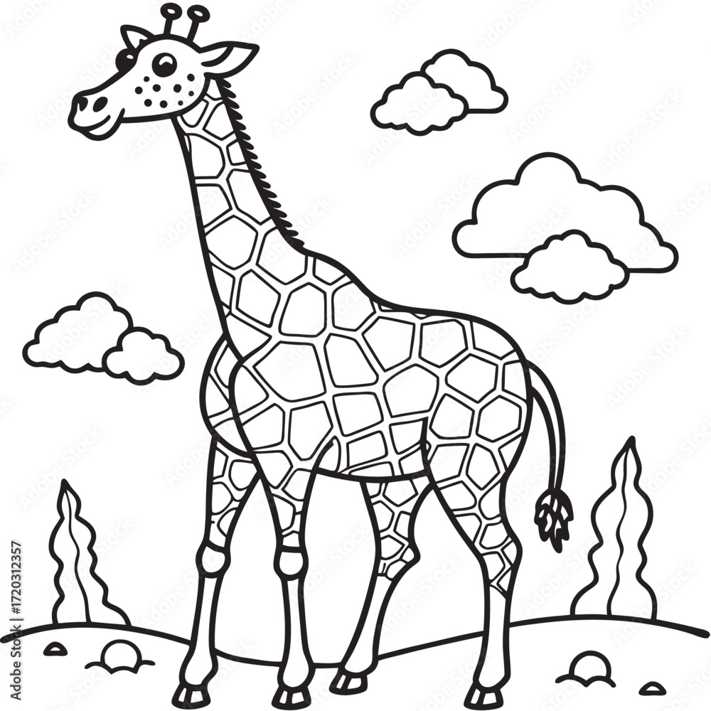 Fototapeta premium Giraffe outline illustration with clouds and trees for coloring book pages