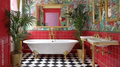 maximalist bathroom full view, checkered floor, vintage tub, red tiles, tropical wallpaper, brass fittings, vibrant mirrors