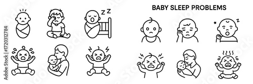 Illustrations depicting various baby sleep problems and common parental responses in a clear, straightforward style for easy understanding