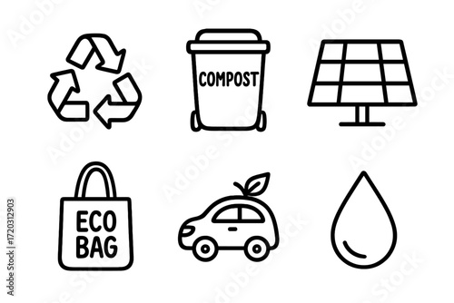 Icons representing sustainable practices like recycling, composting, and renewable energy sources in a simple design