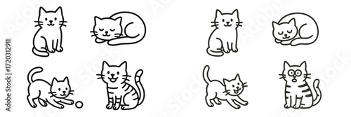 Cute cartoon cats showing various playful and relaxing activities in simple line art style