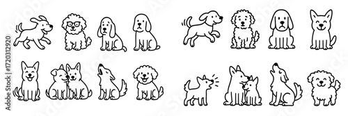 Cute cartoon dogs engaged in various playful activities in a cheerful setting