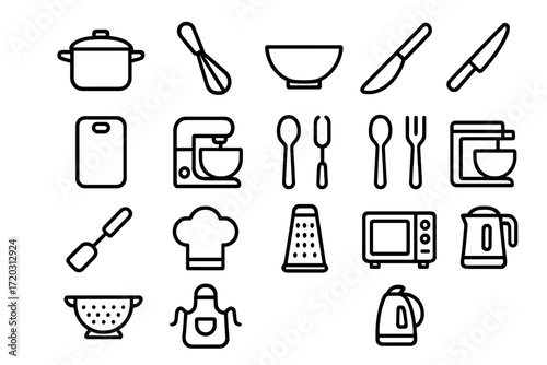 Cooking tools and kitchen utensils arranged in a simple layout for culinary activities at home