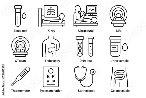 Medical tests and diagnostic procedures displayed with various icons in a clear layout