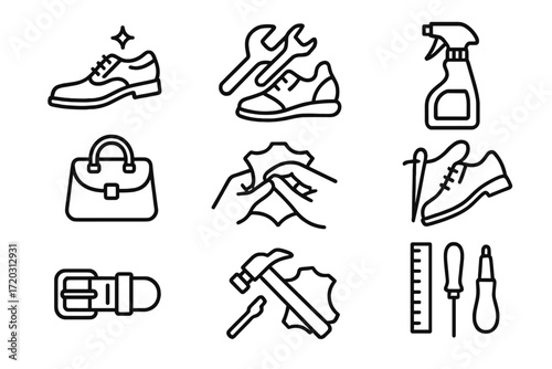 Various tools and items for shoe repair and maintenance displayed in a grid layout