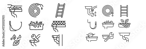 Various icons representing gutter cleaning tools, techniques, and maintenance practices for effective home care