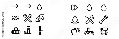 Icons representing water management tools and equipment for maintenance and operation in industrial settings