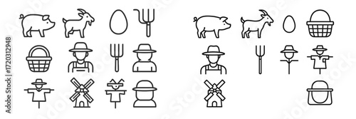 Farm icons showcasing various animals, tools, and farming activities in a minimalistic design style