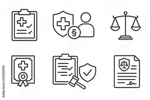 Health and legal icons representing healthcare compliance, medical records, and patient rights in a clear layout