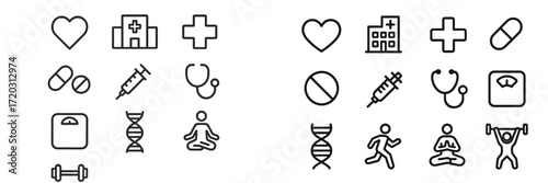 Health and wellness icons showcasing various aspects of medical care, fitness, and well-being activities