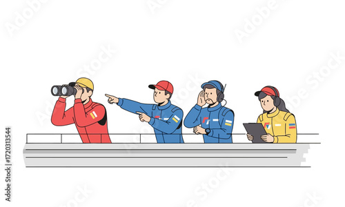 Four diverse race team members in colorful suits, observing, pointing, communicating, and recording on a platform.