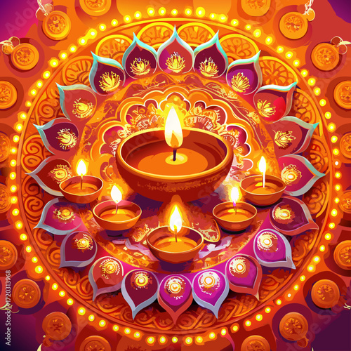 Vibrant Diwali Celebration A Mandala of Lit Diyas Illuminating a Festive Orange Backdrop	
