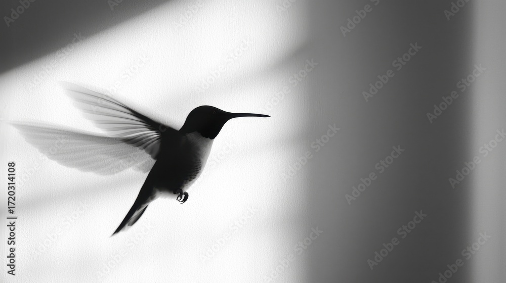 Fototapeta premium Hummingbird flits gracefully in black and white light during a quiet moment indoors