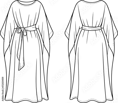 Belted dress illustration, technical fashion sketch, loose tunic vector, wide sleeve design, front and back view