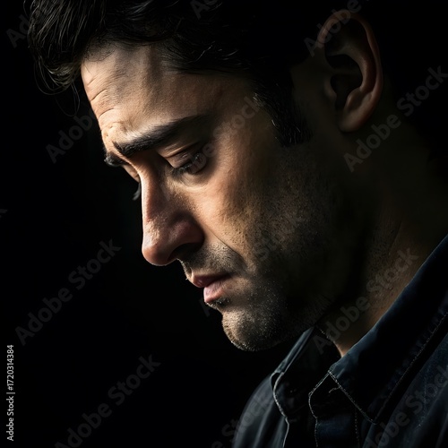  Close up portrait of a pensive man looking down with a somber expression