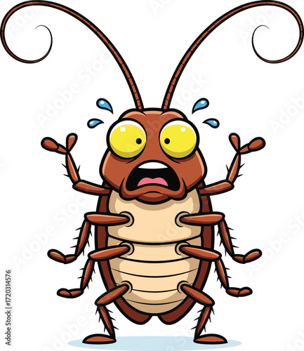 Cockroach illustration, cartoon insect character drawing, shocked bug vector, exaggerated expression art, yellow eyes pose, humorous pest design, scared reaction