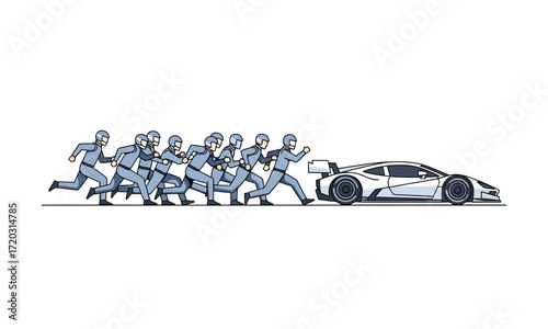Group of Racers in Uniform Chasing a Sleek White Sports Car.