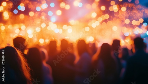 The image shows an out-of-focus crowd of people viewed from behind, standing before a brightly lit stage with blurred lights and bokeh effects.
