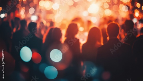 The image shows a blurred view of many people's backs in a dark setting with bright bokeh lights in the background, suggesting a concert or similar event.