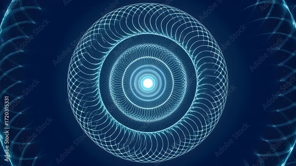 Illustration of abstract blue digital tunnel background with concentric circles and glowing light at the end, creating a sense of depth and technological advancement