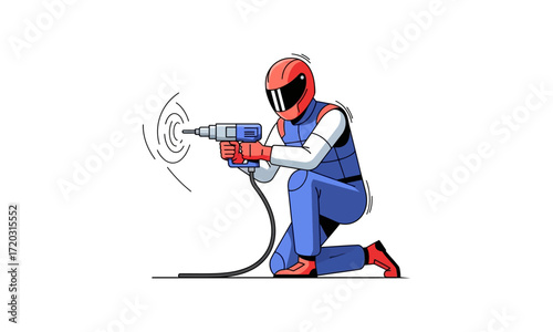 Kneeling person in red helmet and blue suit operating a power tool, creating a circular pattern.