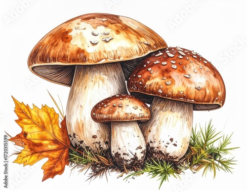 Three Mushrooms with Brown Caps and White Stems beside a Yellow Maple Leaf