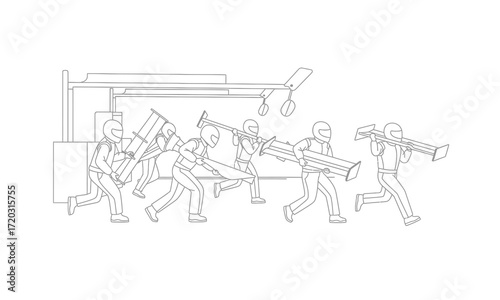 Line Art Depiction of People in Hazmat Suits Carrying Equipment.