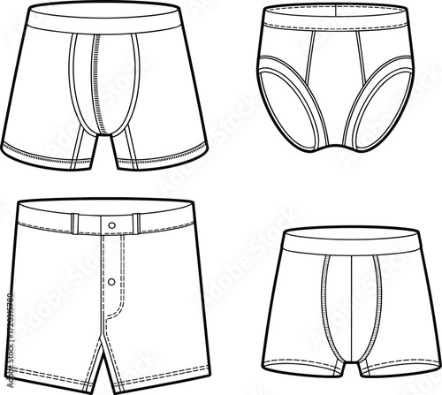 Men’s underwear illustration, technical fashion sketch, boxer briefs vector, garment construction drawing, contour seam detail, front and back view reference