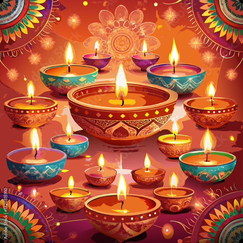 Vibrant Diwali Celebration A Mandala of Lit Diyas Illuminating a Festive Orange Backdrop	

