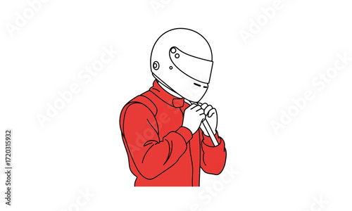 Line art illustration of a race car driver in a red suit adjusting a white helmet.