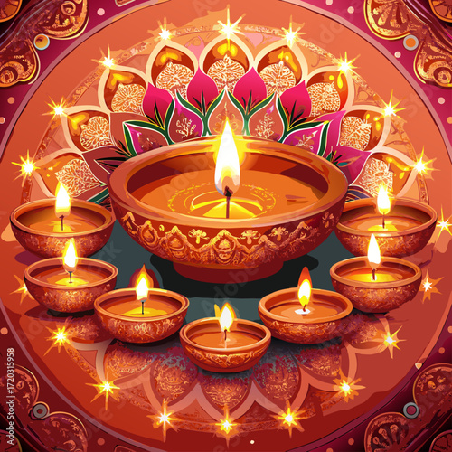 Vibrant Diwali Celebration A Mandala of Lit Diyas Illuminating a Festive Orange Backdrop	
