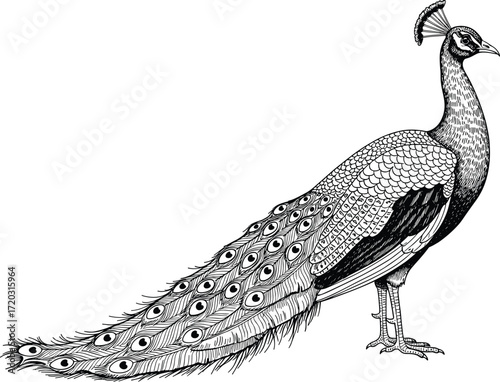 Peacock illustration, black and white bird drawing, elegant tail feather sketch, ornate peacock vector, nature art, wildlife anatomy reference