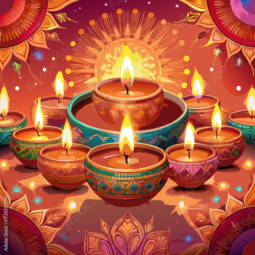 Vibrant Diwali Celebration A Mandala of Lit Diyas Illuminating a Festive Orange Backdrop	
