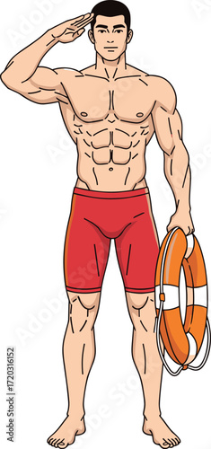 Lifeguard illustration, cartoon muscular man drawing, beach safety vector, red swim trunks character, life preserver art, summer rescue concept