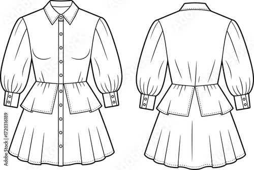 Peplum dress illustration, technical fashion sketch, puffed sleeve design, button-down bodice vector, pleated skirt detail, front and back view reference