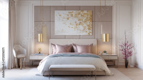 pastel neoclassic scandi bedroom full view, silk bedding, taupe wall panels, gold pendant lighting, cozy calm atmosphere